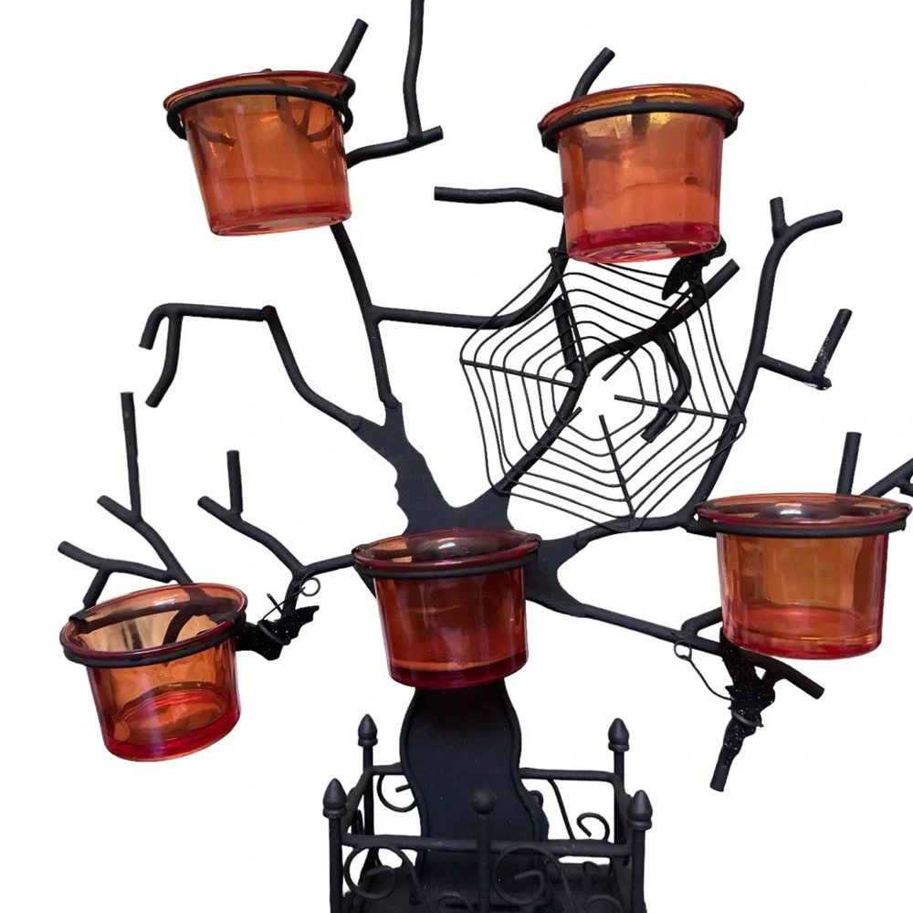 Pottery Barn Black Spooky Halloween Tree Candle Holder Luminary